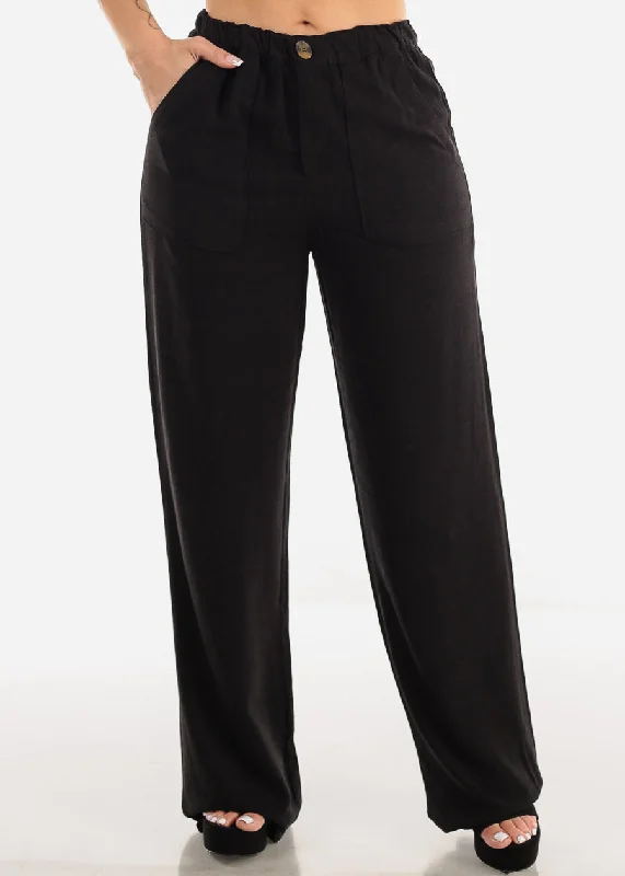 Black Linen High Rise Spandex Waist Wide Leg Pants