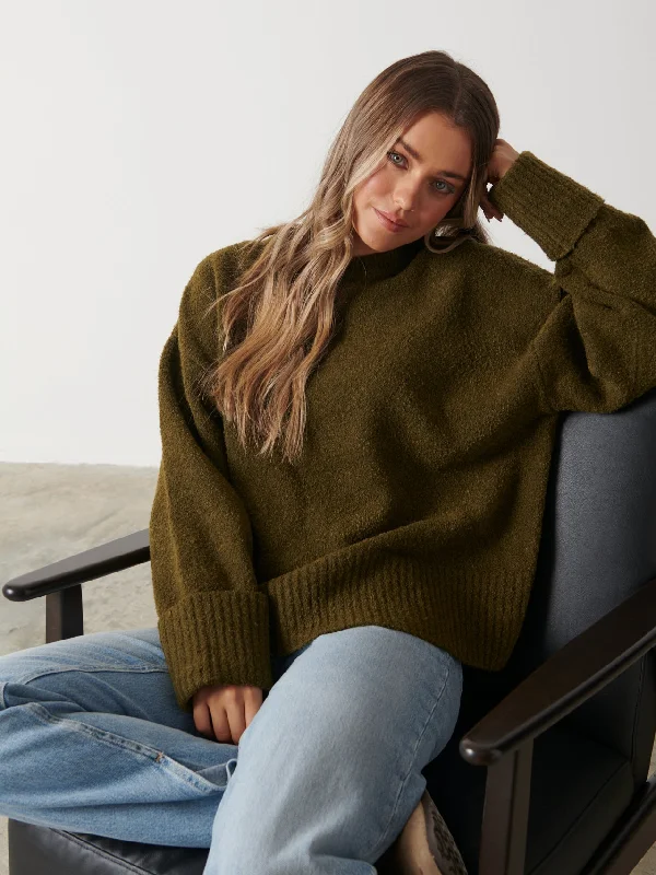 Camille Oversized Borg Jumper - Dark Olive