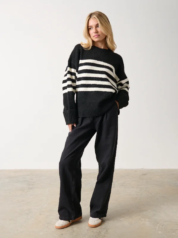 Camille Oversized Striped Borg Jumper - Black