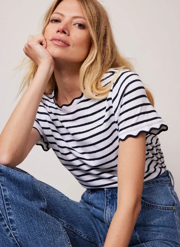 Cream Striped Scallop Trim T-Shirt