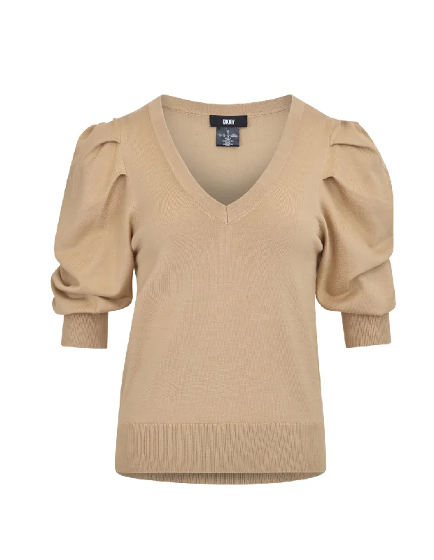 Rayon Nylon V Neck Puff Sleeve Sweater