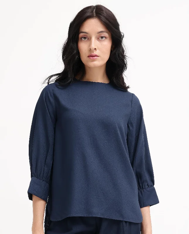 Rareism Women'S Elara Navy Polyester Fabric Full Sleeve Round Neck Solid Regular Fit Top