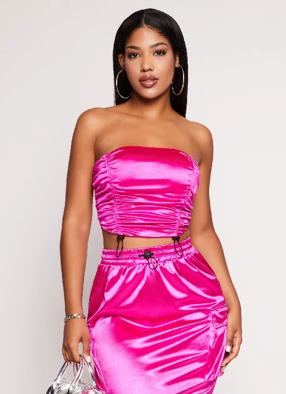 Satin Ruched Toggle Drawstring Tube Top