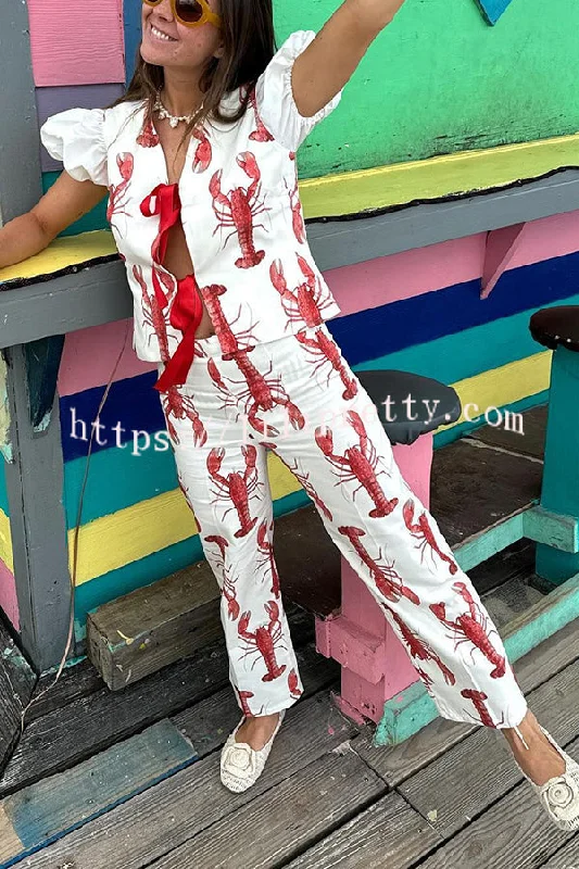 Lilipretty® Fun Vacation Lobster Print High Rise Straight Pants