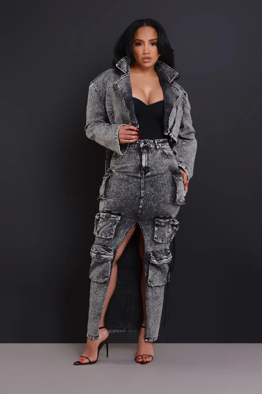 Get Down Denim Cargo Maxi Skirt - Black Wash