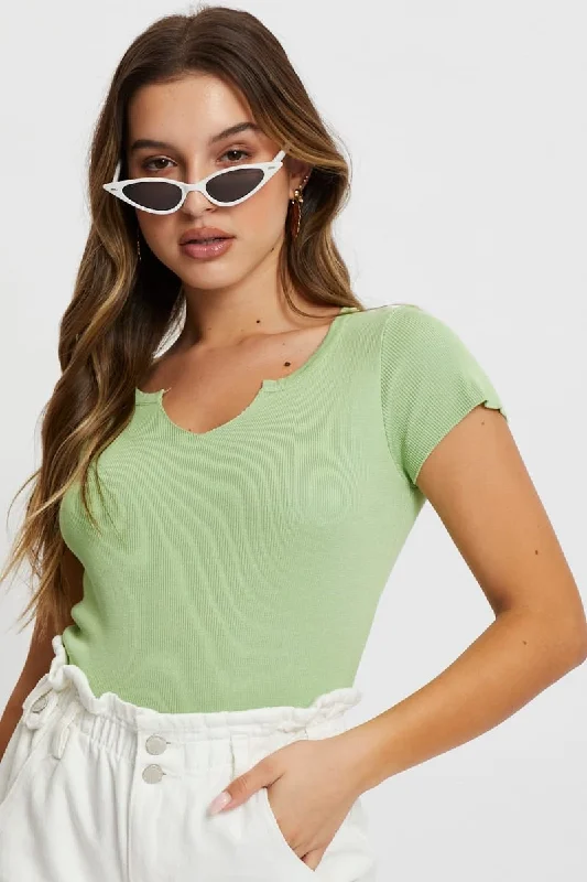 Green Notched Neck Cap Sleeve Knit Top