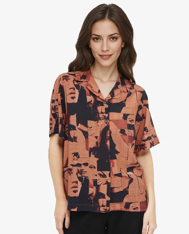 Rareism Women's Hagen Brown Short Sleeve Collared Neck  Relaxed Fit Abstract Print Shirt