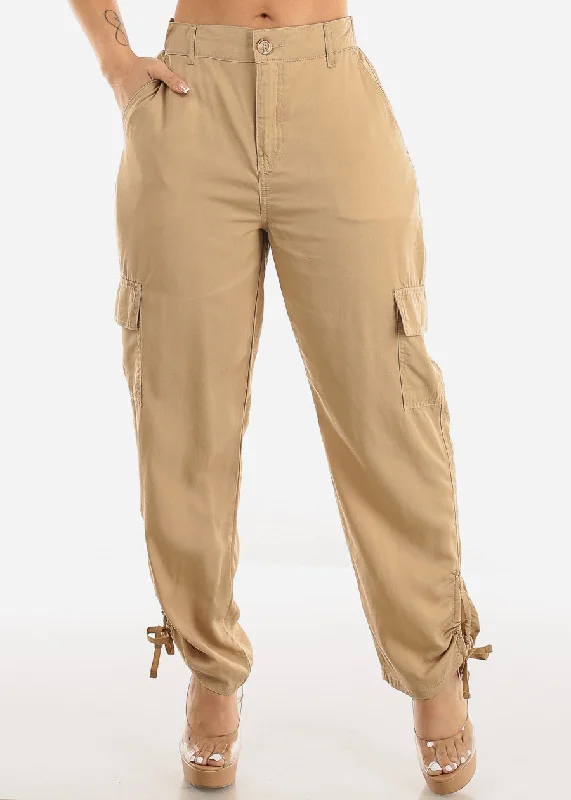 High Rise Spandex Waist Ruched Hem Khaki Cargo Pants