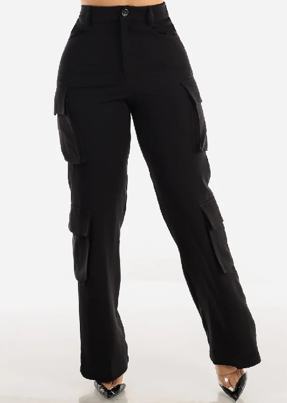 High Waist Black Straight Wide Leg Cargo Pants