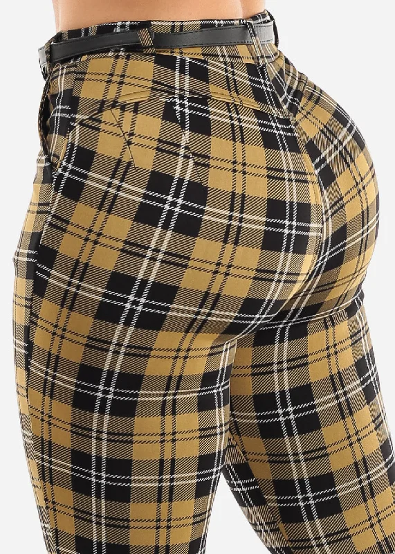 High Waist Butt Lift Mustard Plaid Skinny Pants w Belt