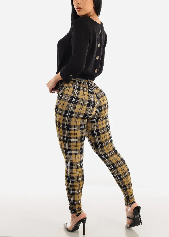 high-waist-butt-lift-mustard-plaid-skinny-pants-w-belt-20trg042327mu