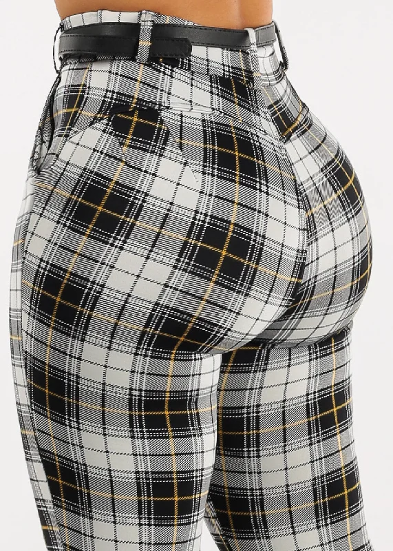 High Waist Plaid Butt Lifting Skinny Pants w Belt