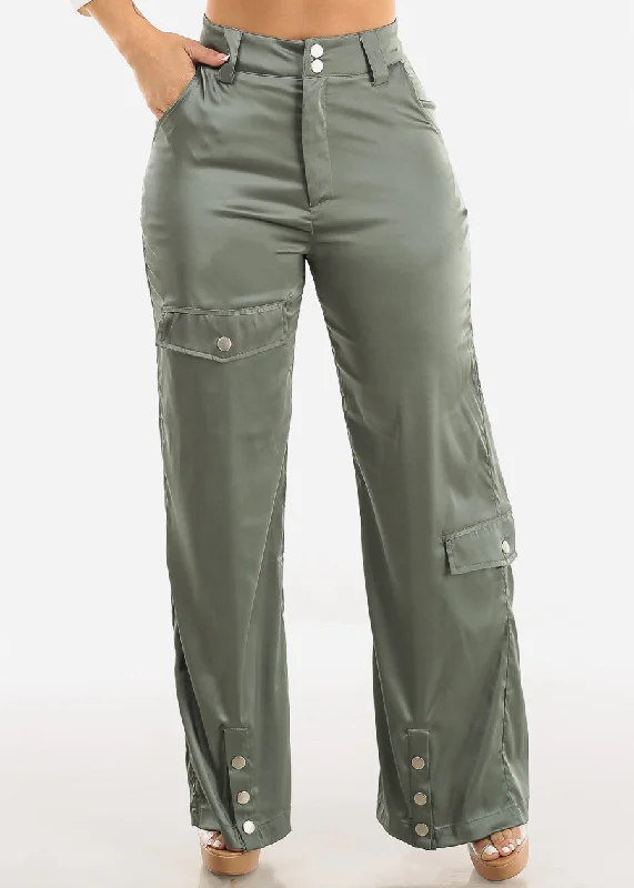 High Waist Wide Leg Satin Cargo Pants Olive