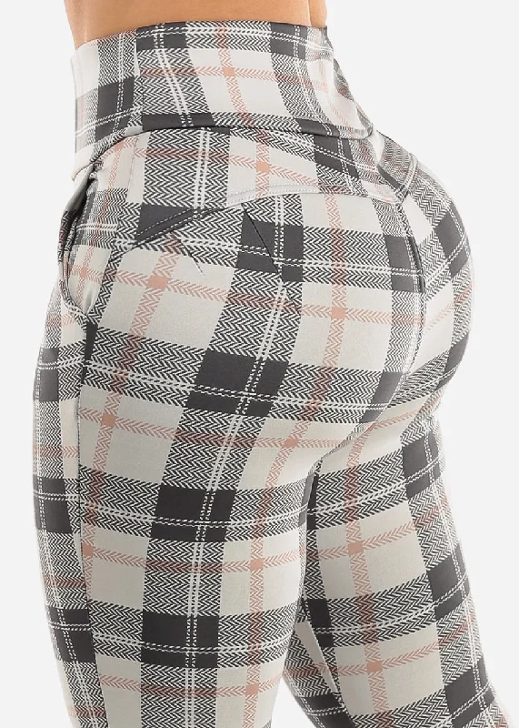 High Waisted Butt Lifting Stretchy Plaid Skinny Pants w Pockets