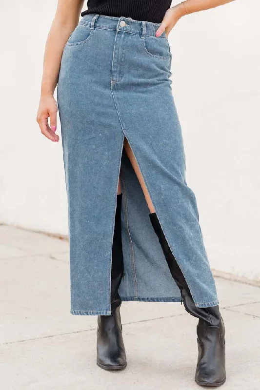 In Awe Light Wash Denim Midi Skirt