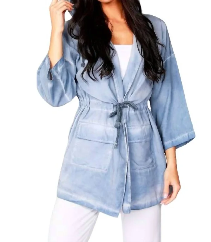 Jennifer Hooded Long Trench Coat In Denim