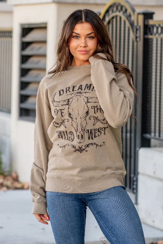 Vintage Dreamin of The Wild West Graphic Cozy Pull Over Sweater - Mocha