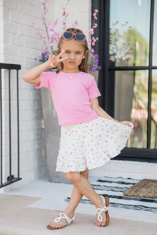 Kid's Through The Garden Ivory and Pink Ribbed Floral Mini Skort