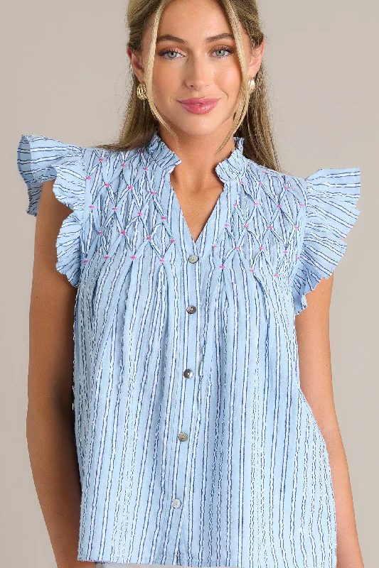 Let's Talk 100% Cotton Light Blue Stripe Button Front Top