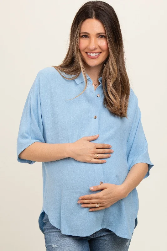 light-blue-linen-dolman-half-sleeve-button-down-maternity-top