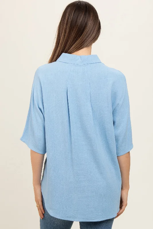 light-blue-linen-dolman-half-sleeve-button-down-maternity-top