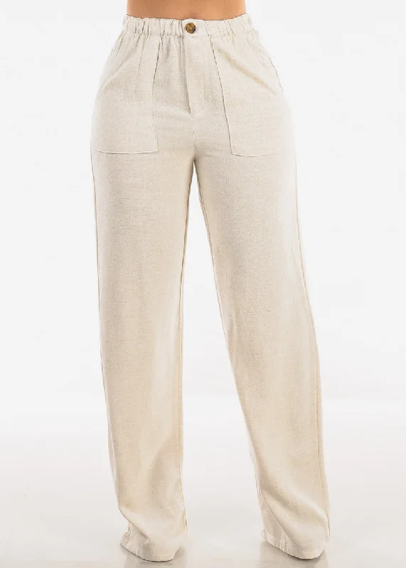 Linen High Rise Spandex Waist Wide Leg Pants Beige