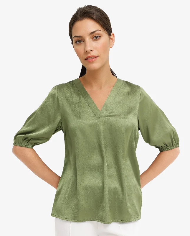 Rareism Women'S Linus Dark Green Polyester Fabric HALF Sleeve V-Neck Button Closure Solid Regular Fit Top