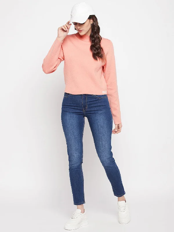 Madame Solid Peach Mock Neck Sweater