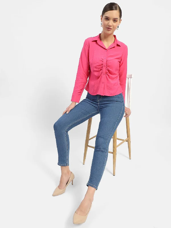 Madame Textured Pink Ruched Shirt