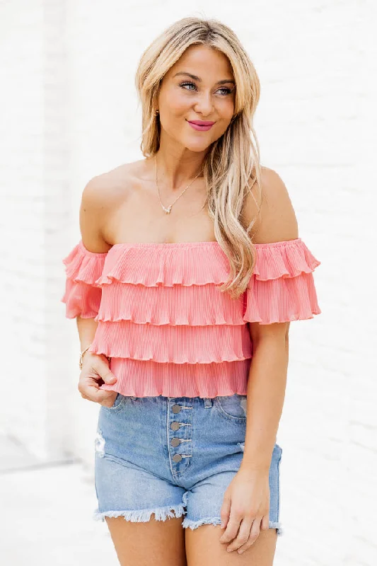 Meant To Be Coral Ruffled Off The Shoulder Blouse With Removable Straps FINAL SALE