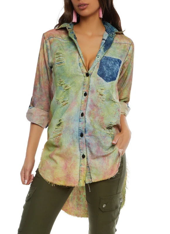 Acid Wash Tie Dye Distressed High Low Shirt