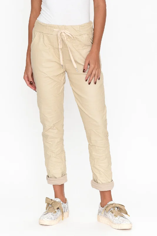 Munich Cream Wet Look Stretch Pants