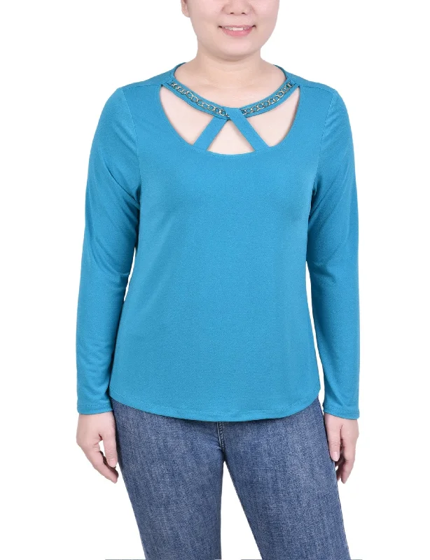 Long Sleeve Jeweled Neck Top - Petite