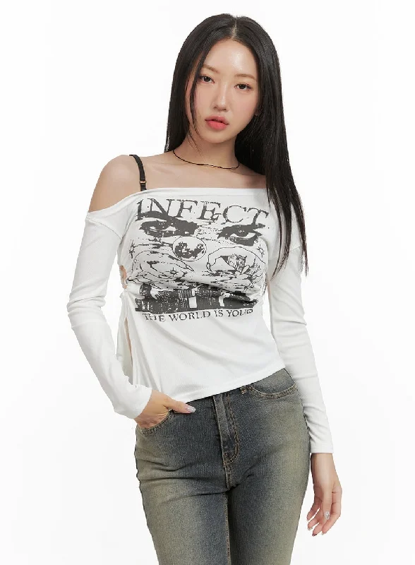 Off-Shoulder Graphic Slit Tee CY420