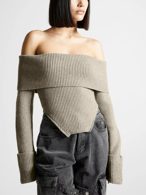 Off Shoulder Overfold Ribbed Knit Sweater