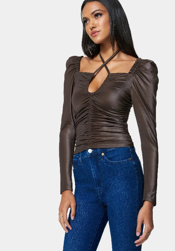 puff-sleeve-coated-ruched-top-coffee-bean