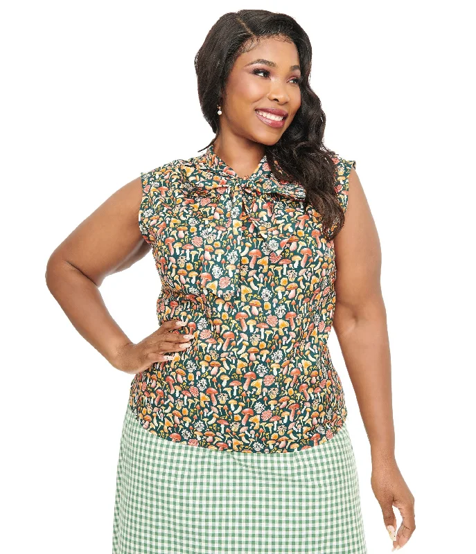 retrolicious-plus-size-1950s-forest-green-mushroom-print-cotton-bow-top