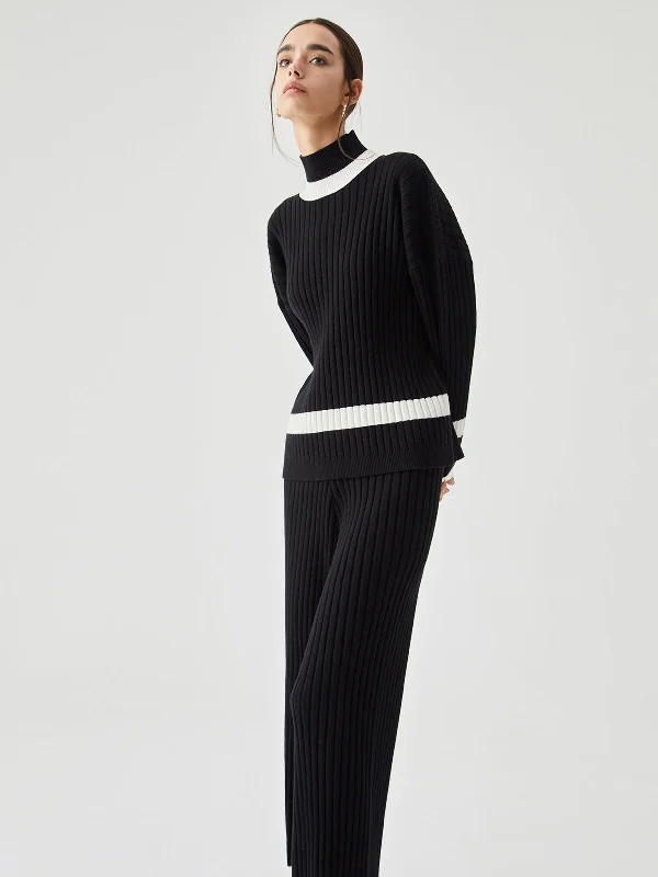 Ribbed Knit Contrast Trim Mock Neck Sweater