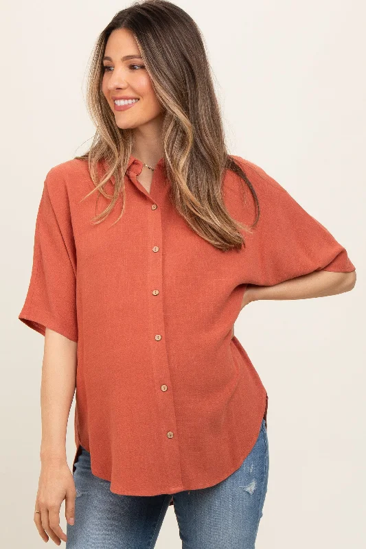 Rust Linen Dolman Half Sleeve Button Down Maternity Top