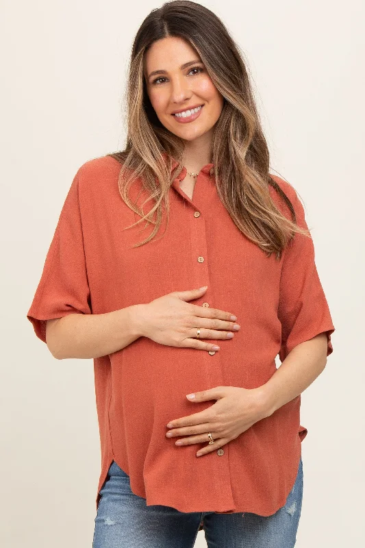 rust-linen-dolman-half-sleeve-button-down-maternity-top