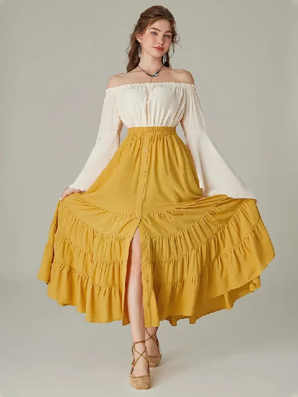 Women Elastic Waist Front Slit Tiered Swing Skirt