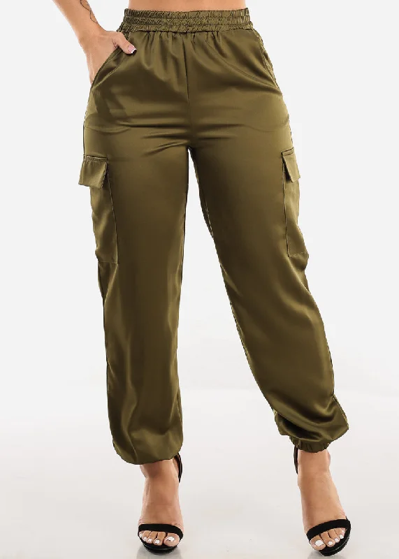 Super High Waisted Satin Cargo Jogger Pants Olive