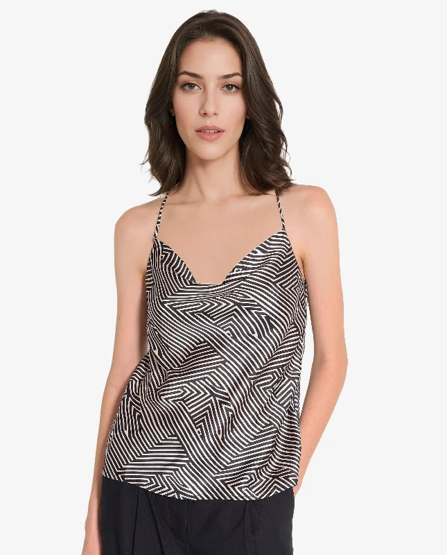 Rareism Women's Tarano Black Shoulder Straps Cowl Neck  Geometric Print Top