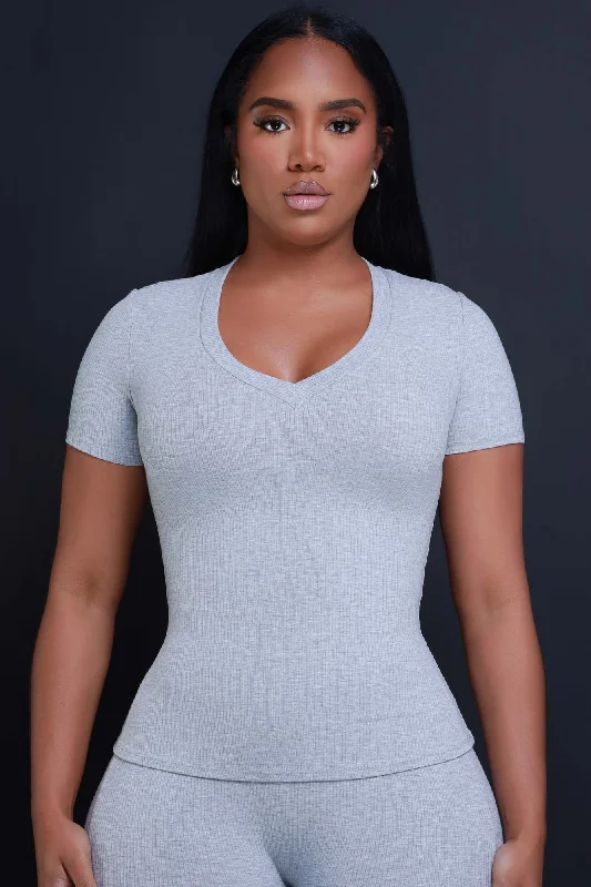 That's Deep Cellulite Deleter Short Sleeve Ribbed Top - Heather Grey