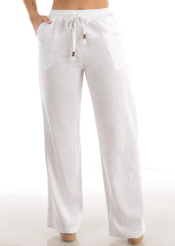 White Drawstring Waist Straight Leg Linen Pants