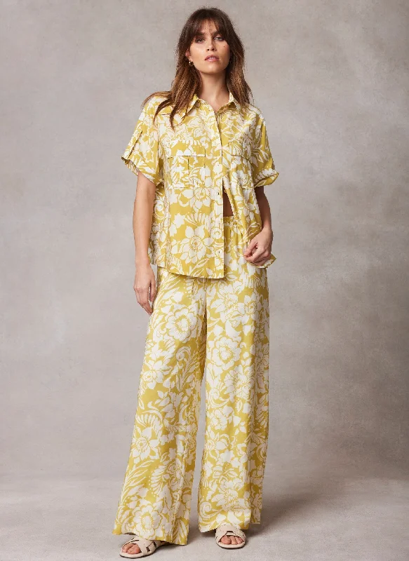 Yellow Floral Print Wide Leg Trousers